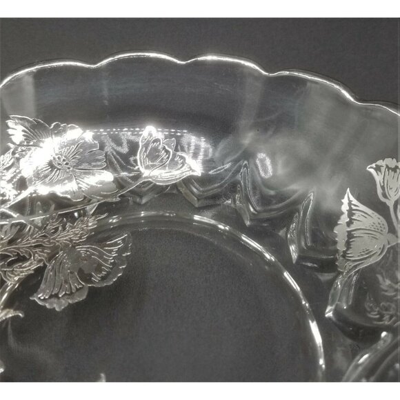 Sterling Silver Floral Overlay Glass Candy Dish Scalloped 2 Reticulated Handles - Picture 9 of 10